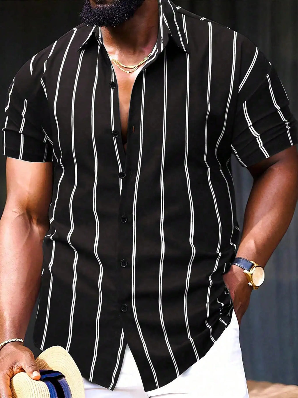 Men's Royal Blue Vertical Stripe Short Sleeve Casual Shirt