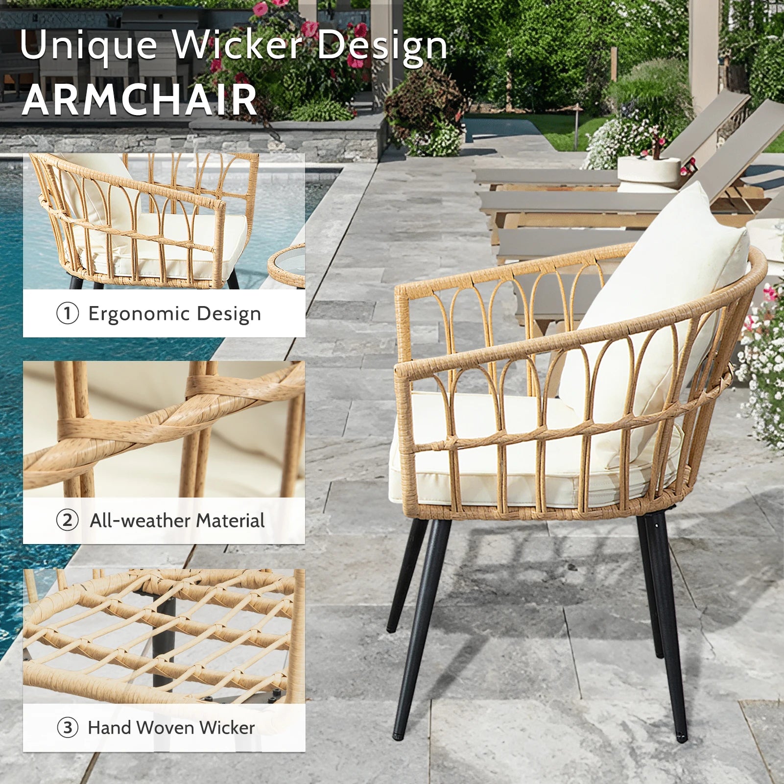 3 Piece Patio Porch Furniture Sets  Outdoor w/Cushions & Table for  Lawn Pool Backyard