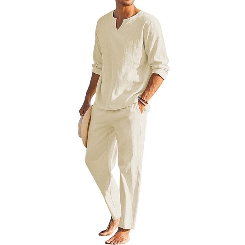 Men s Summer Cotton Linen   Long Sleeve Henley Shirt Elastic Waist Drawstring Pants 2 Pieces Loungewear Set