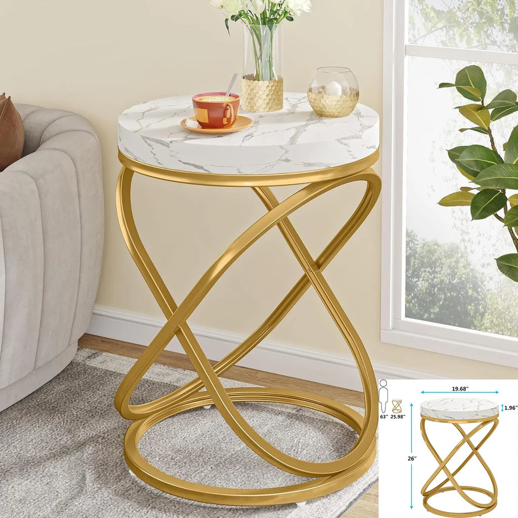 Square End Table White Gold 2-Tier Side Table Modern Small Bedside Table with Storage for Couch
