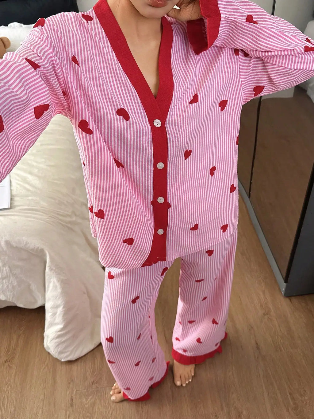 Women's Pink Striped Heart Print Pajama Set with Red Trim, Cozy Lounge Wear