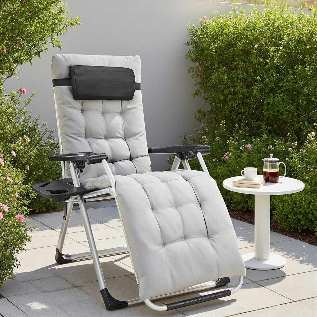 2 Portable Recliner Camping Patio Outdoor Lounge Chair with Cup Holder Trays