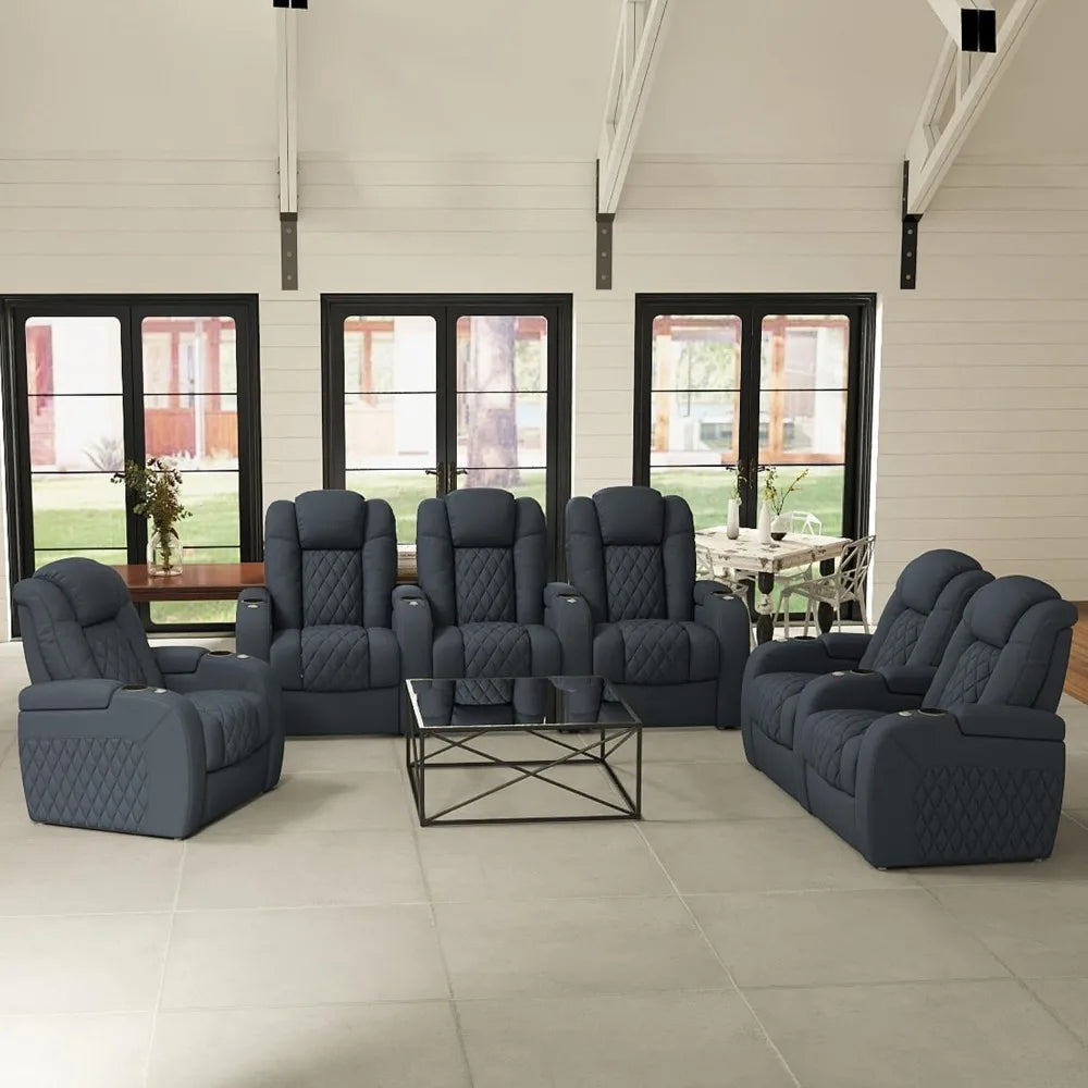 Recliner Sofa Set, 3 Piece Living Room Sectional with USB Port and Tray