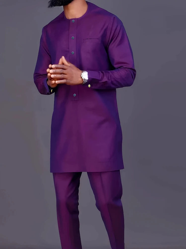 Men's Casual Long-Sleeved Two-Piece Set: Mid-Length Top and Trousers