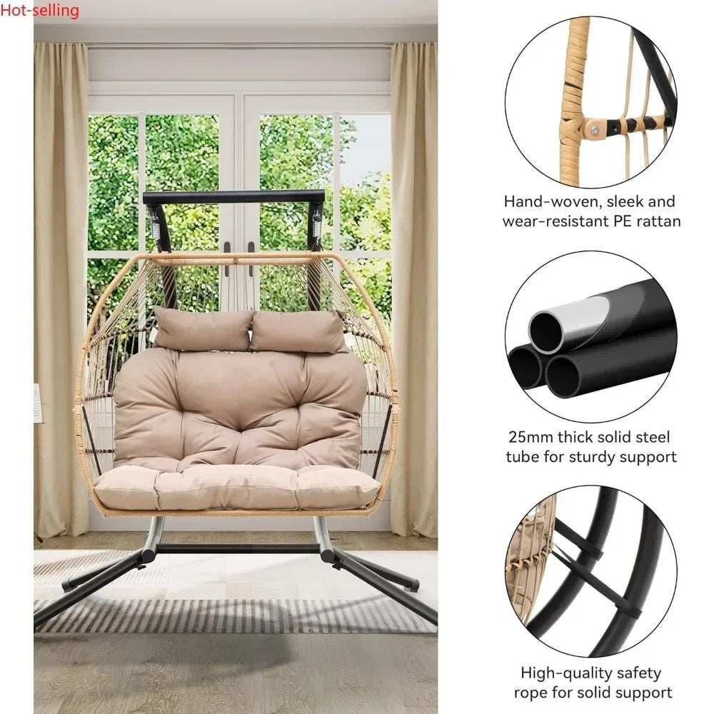 Bestseller2 Person Hanging Egg Swing Chair with Stand Egg Chair Wicker Indoor Outdoor Hammock with Cushions