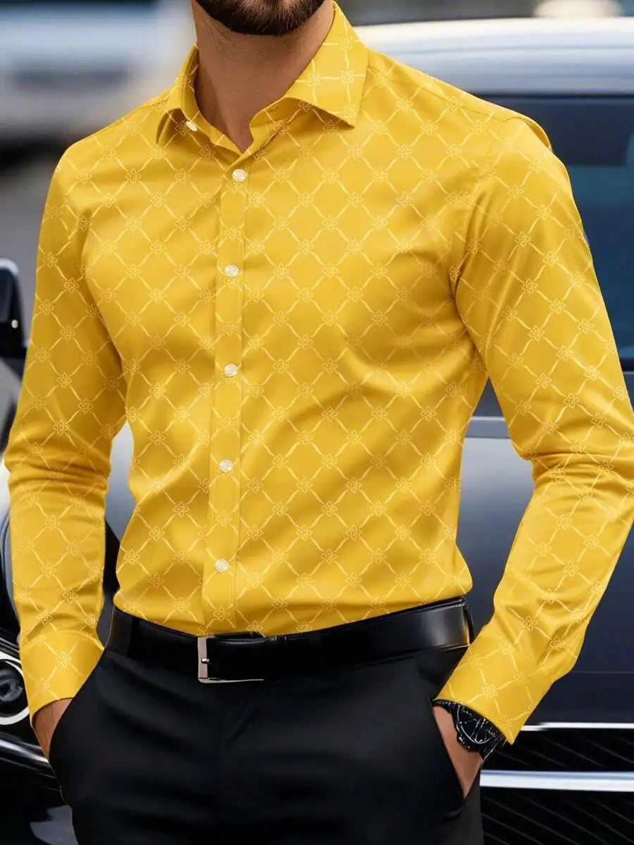 Men's Slim Fit Long Sleeve Button Down Dress Shirt with Geometric Pattern, Black, Fall