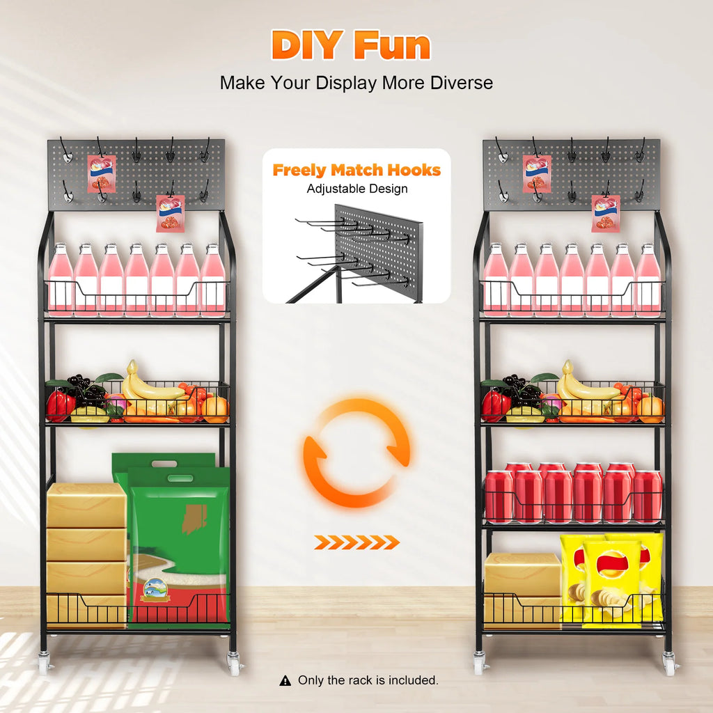 4 Tier Retail  Rack with Wheel Display Basket Stand Cart Metal Basket Storage Shelf