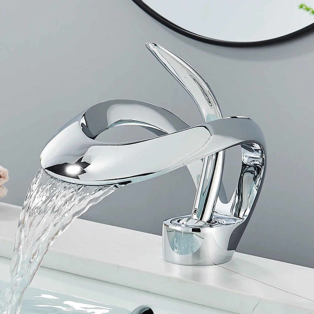 Luxury  Basin Faucet Grey Bathroom Waterfall Mixer  Deck Mount Hot Cold Water