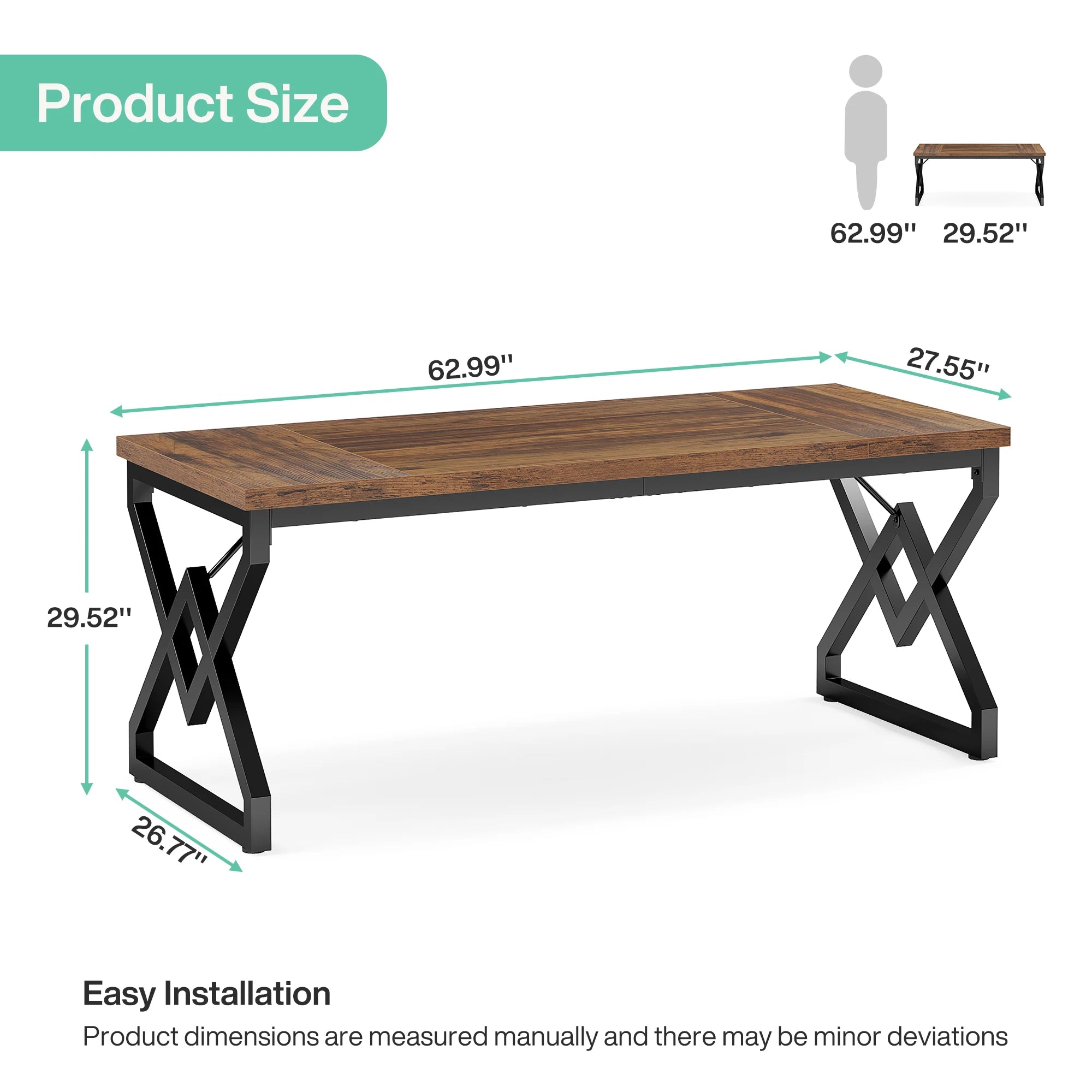 Tribesign 63" Large Industrial Executive Desk  Tabletop & Metal Frame, Heavy-Duty Home Office Desk