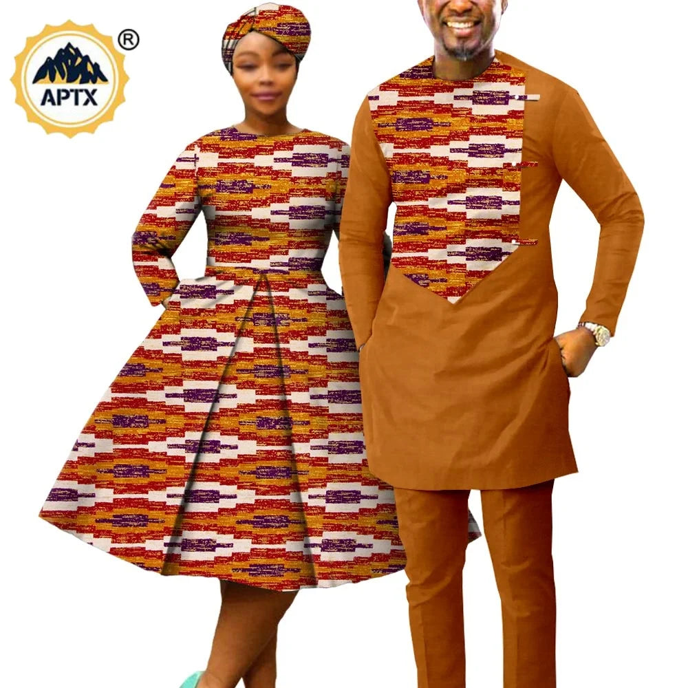 African Print Dresses for Women with Head wrap Matching Couple Outfits Men Patchwork Shirt and Pants Sets