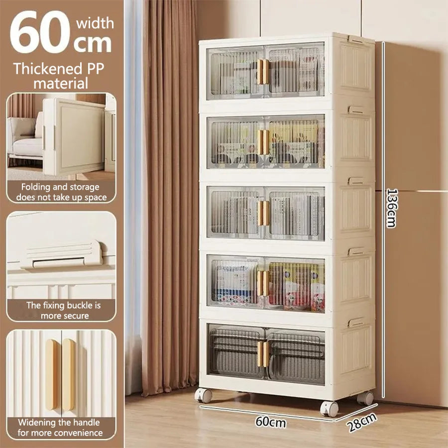 Extra-large 3/4/5-layer foldable plastic storage cabinet with doors, with wheels, stackable