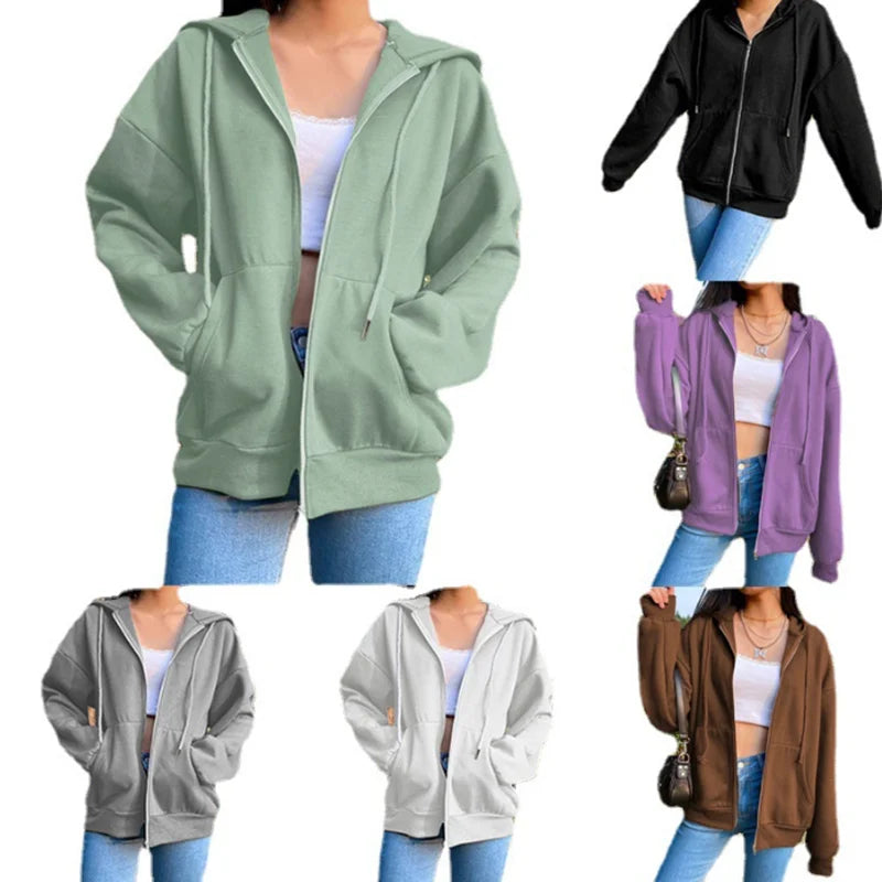 Fleece  Color Hooded  Fashion Sweatshirts Long Sleeve Top Drawstring Pockets Loose Zipper  Hoodies