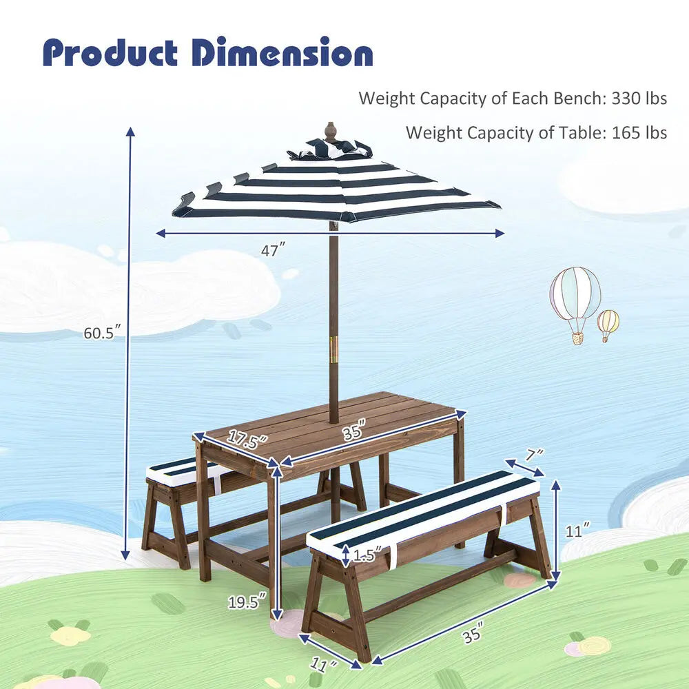 Kids Wood Picnic Table and Bench Set w/Cushions Umbrella for Indoor Outdoor