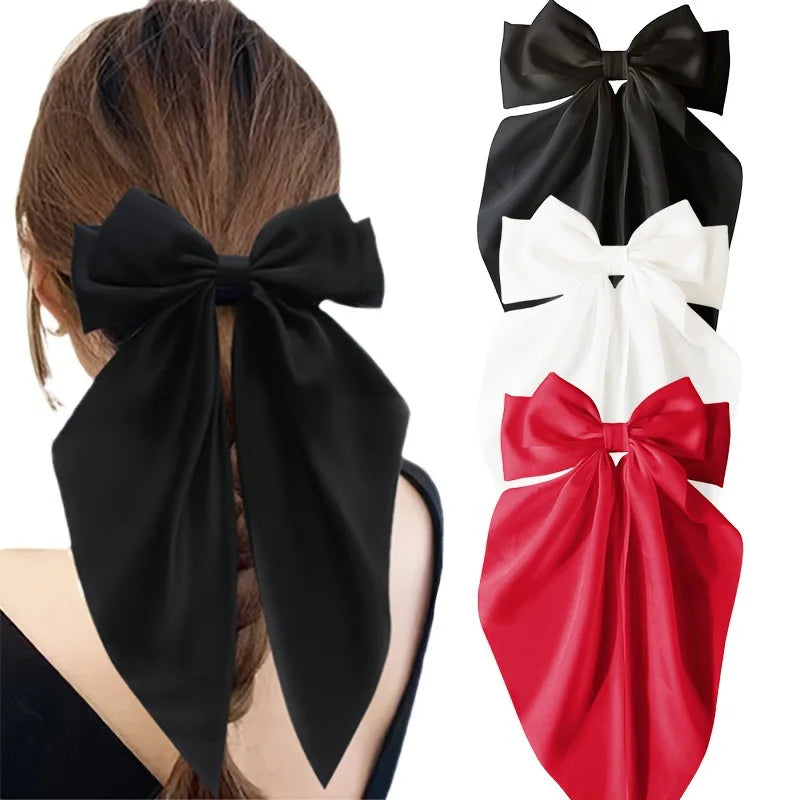 Elegant Ribbon Bow Hair Clip for Women Simple Solid Color Satin Ponytail Bowknot Hairpins Barrettes Hair Accessories