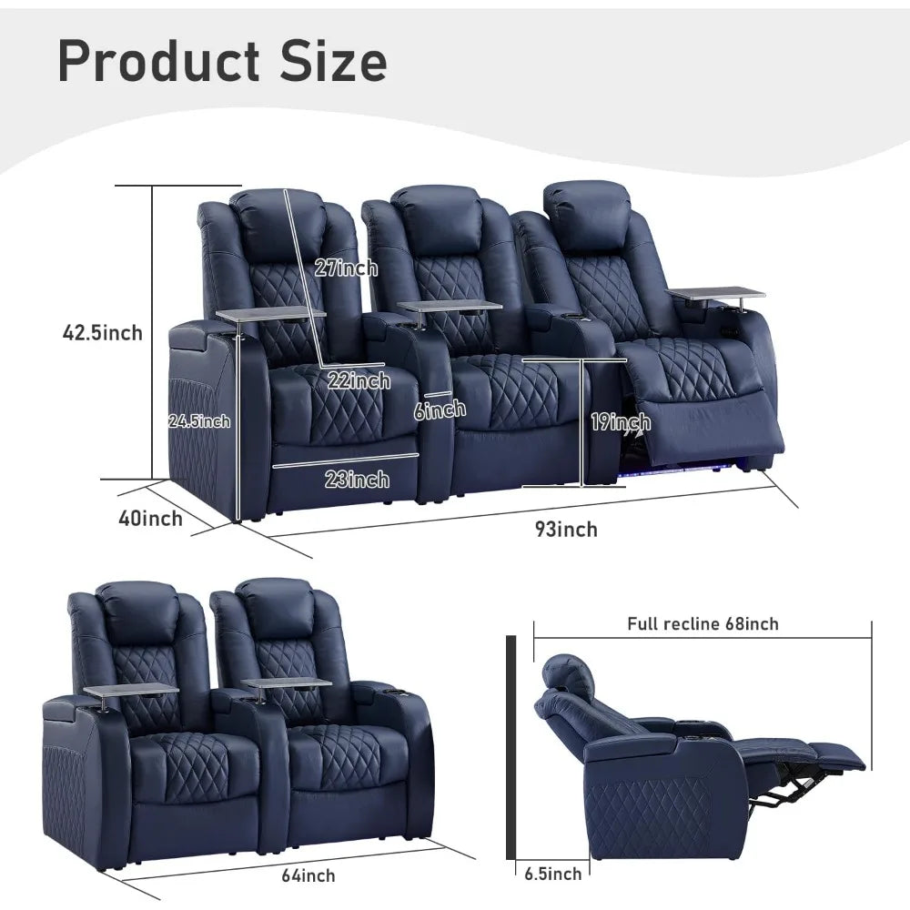 Recliner Sofa Set, 3 Piece Living Room Sectional with USB Port and Tray