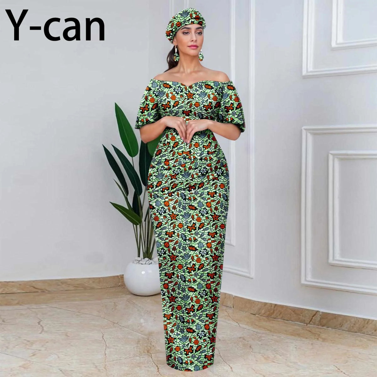 African Party Dresses for Women Off Shoulder Folds Women Maxi Dress with Headscarf and Earrings Traditional Wedding