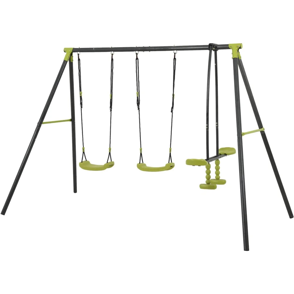 outdoor playground three seat swing black and green for age 3+