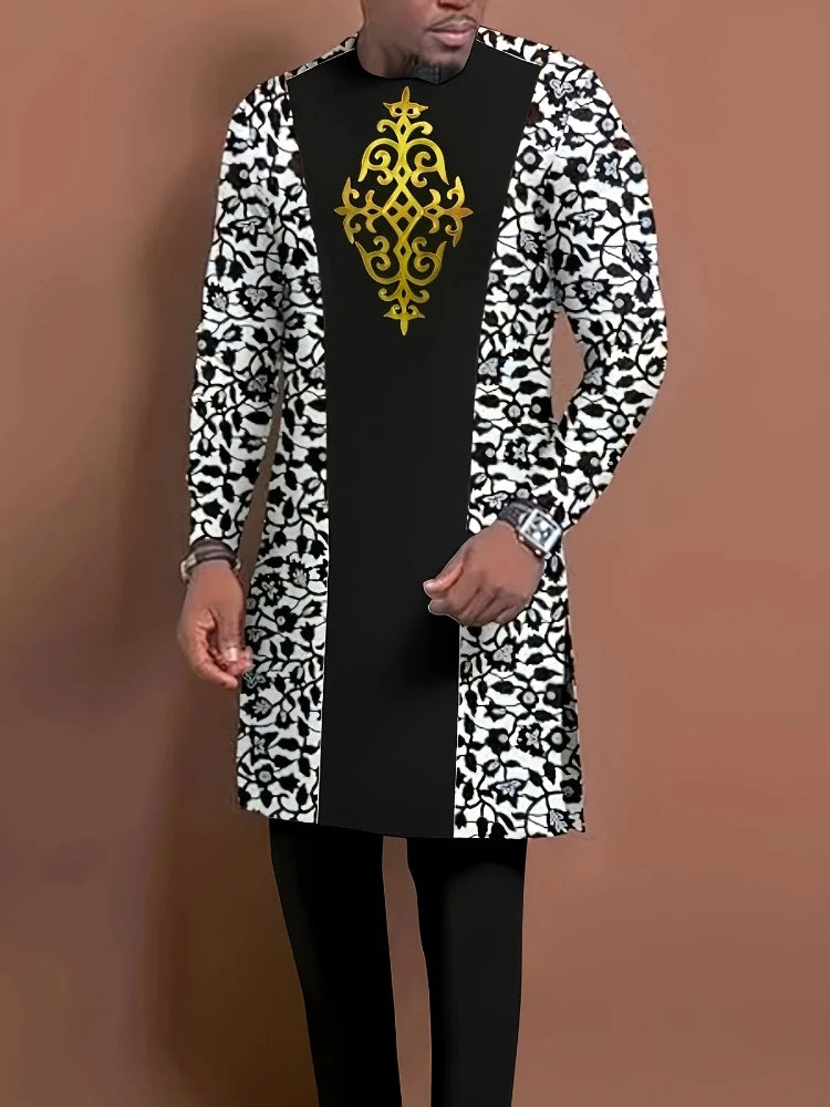 Men's Casual Long-Sleeved Two-Piece Set: Mid-Length Top and Trousers