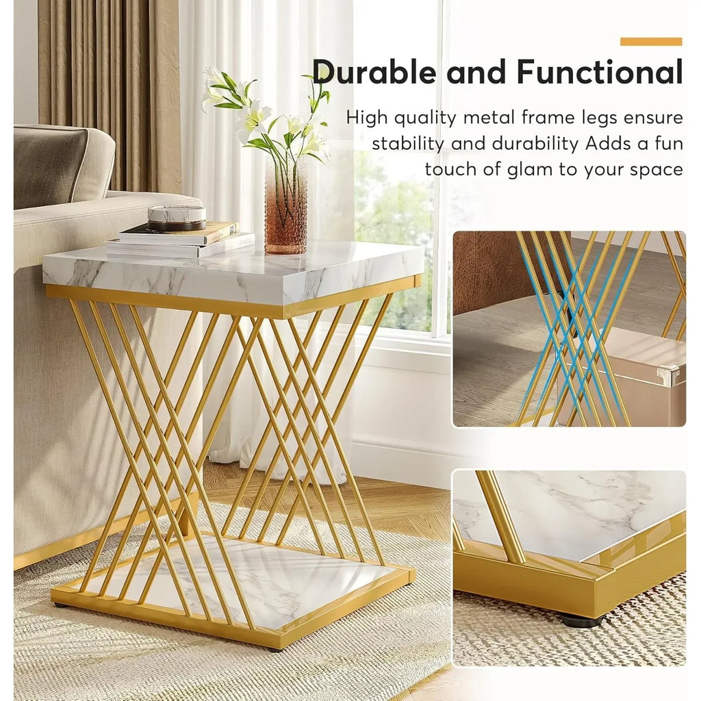 Square End Table White Gold 2-Tier Side Table Modern Small Bedside Table with Storage for Couch