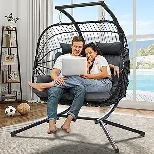 Bestseller2 Person Hanging Egg Swing Chair with Stand Egg Chair Wicker Indoor Outdoor Hammock with Cushions