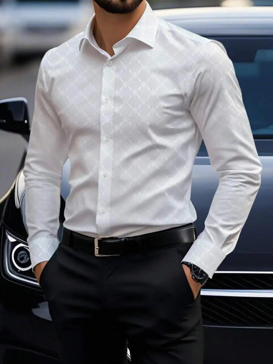 Men's Slim Fit Long Sleeve Button Down Dress Shirt with Geometric Pattern, Black, Fall