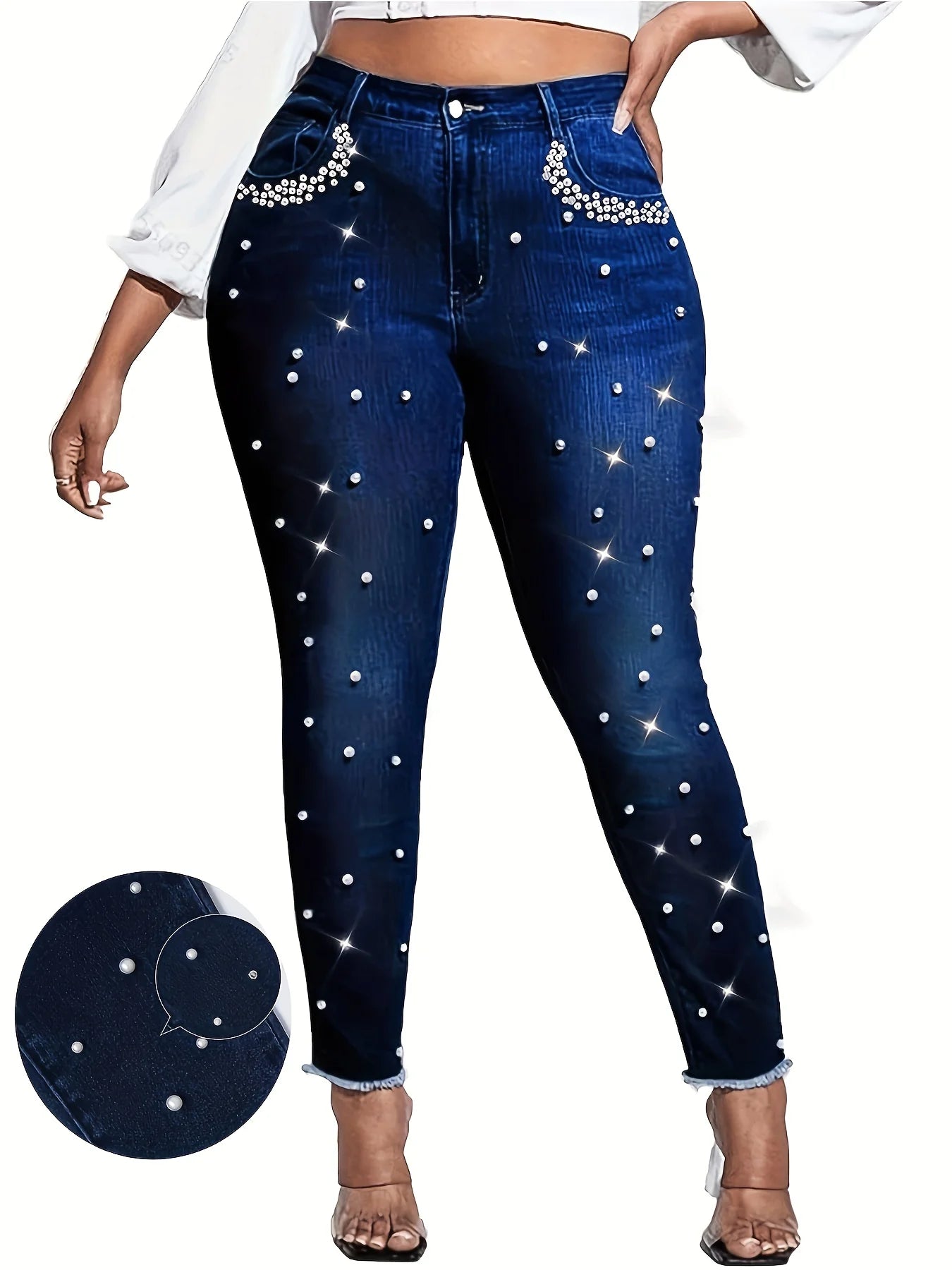 Women's fashionable casual wash blue pearl rhinestone inlaid with high waist stretchy slim buttocks tight nine-point jeans