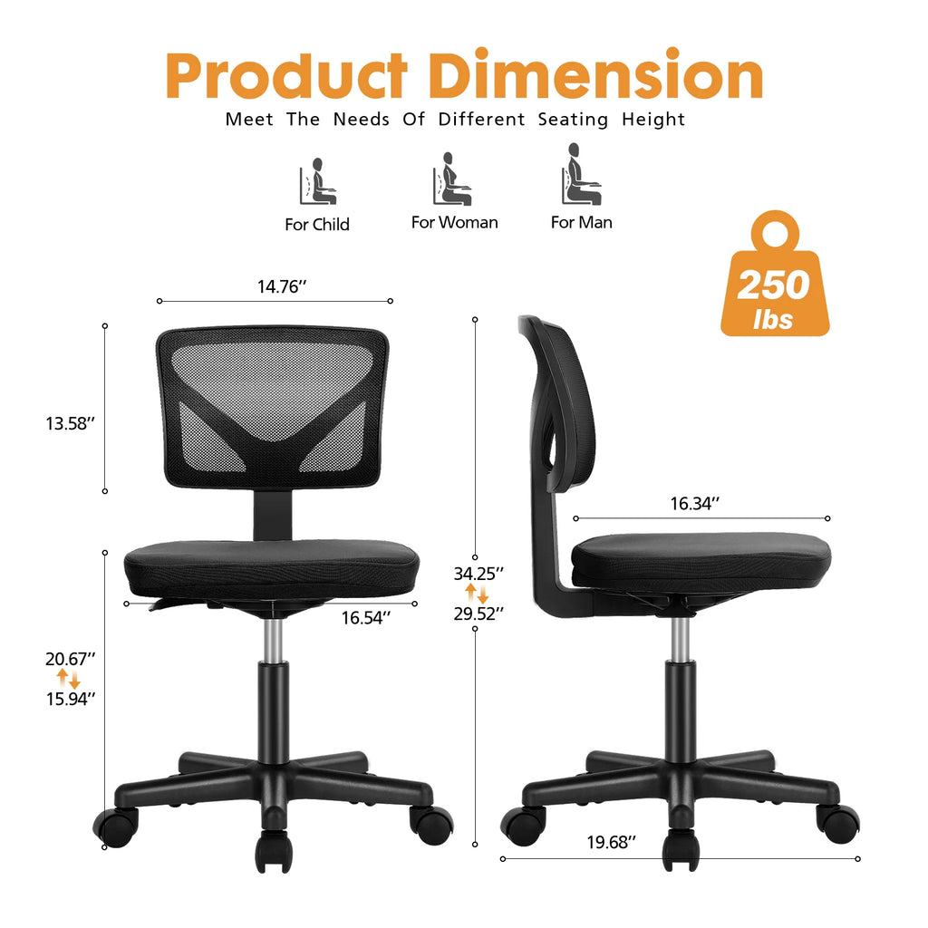 Lumbar Support Armless Office Chair Low Back with Wheels Adjustable Height 360°