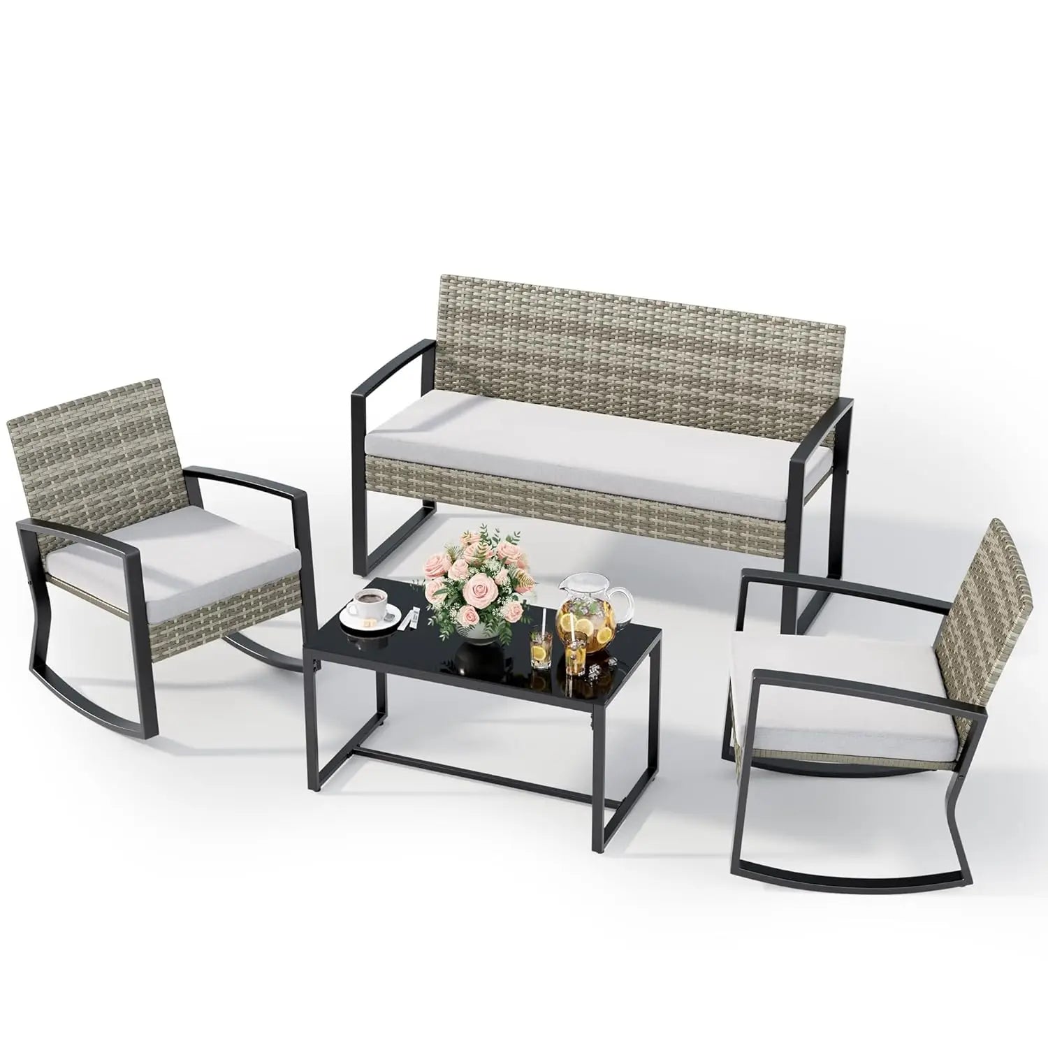 4 Piece Outdoor Patio Wicker Sofa Set Glass Coffee Table Rocking Chairs Backyard Poolside Porch, Customized