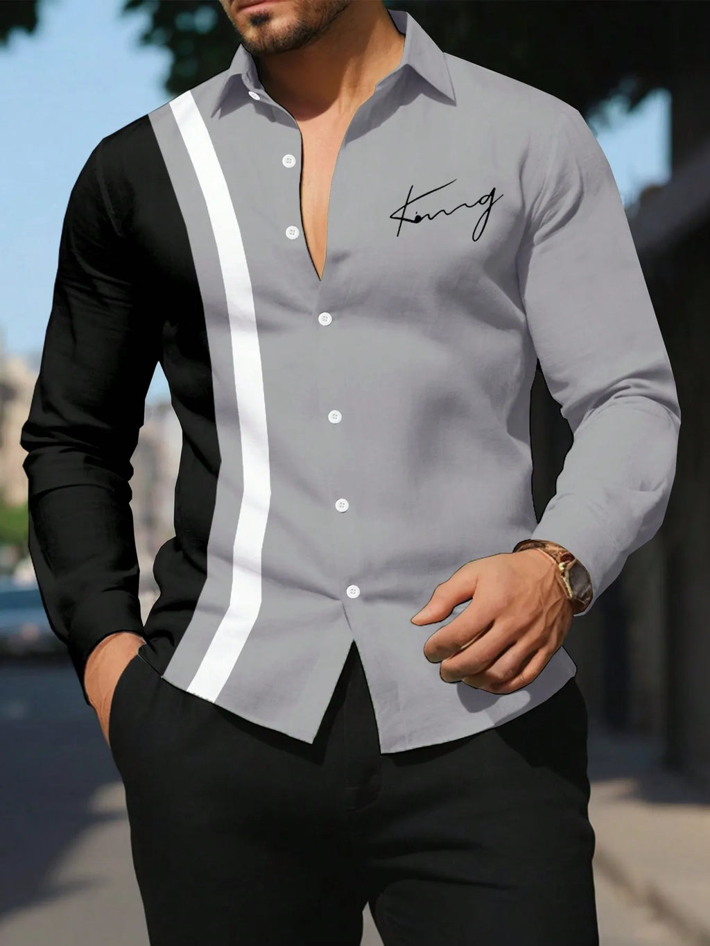 Men's Casual Color Block Button-Down Long Sleeve Shirt with Script Print,