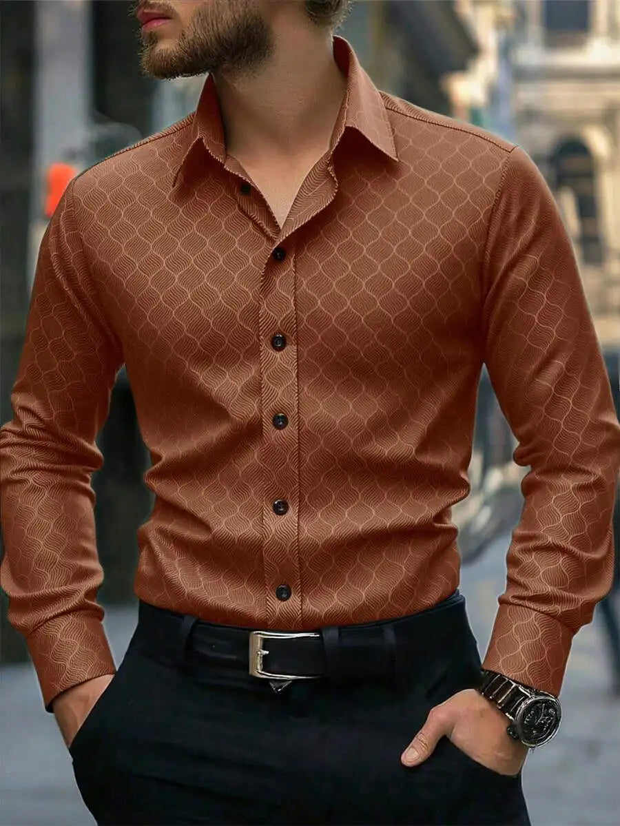 Men's Slim Fit Long Sleeve Button Down Dress Shirt with Geometric Pattern, Black, Fall