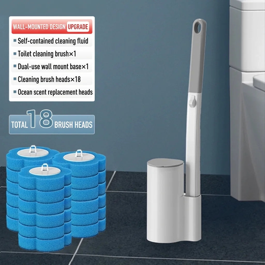 No-Mess Toilet Cleaner Set, Built-in Liquid & 18 Disposable Heads, 40.1cm Holder, Wipe Clean & Sanitize in One Step