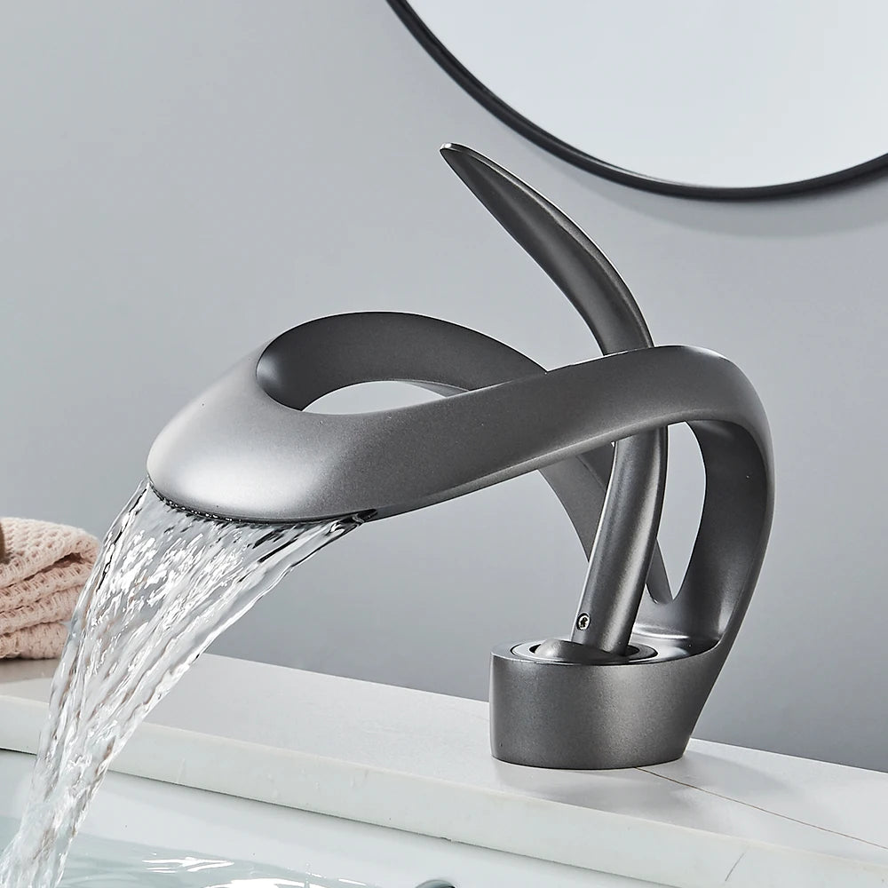 Luxury  Basin Faucet Grey Bathroom Waterfall Mixer  Deck Mount Hot Cold Water