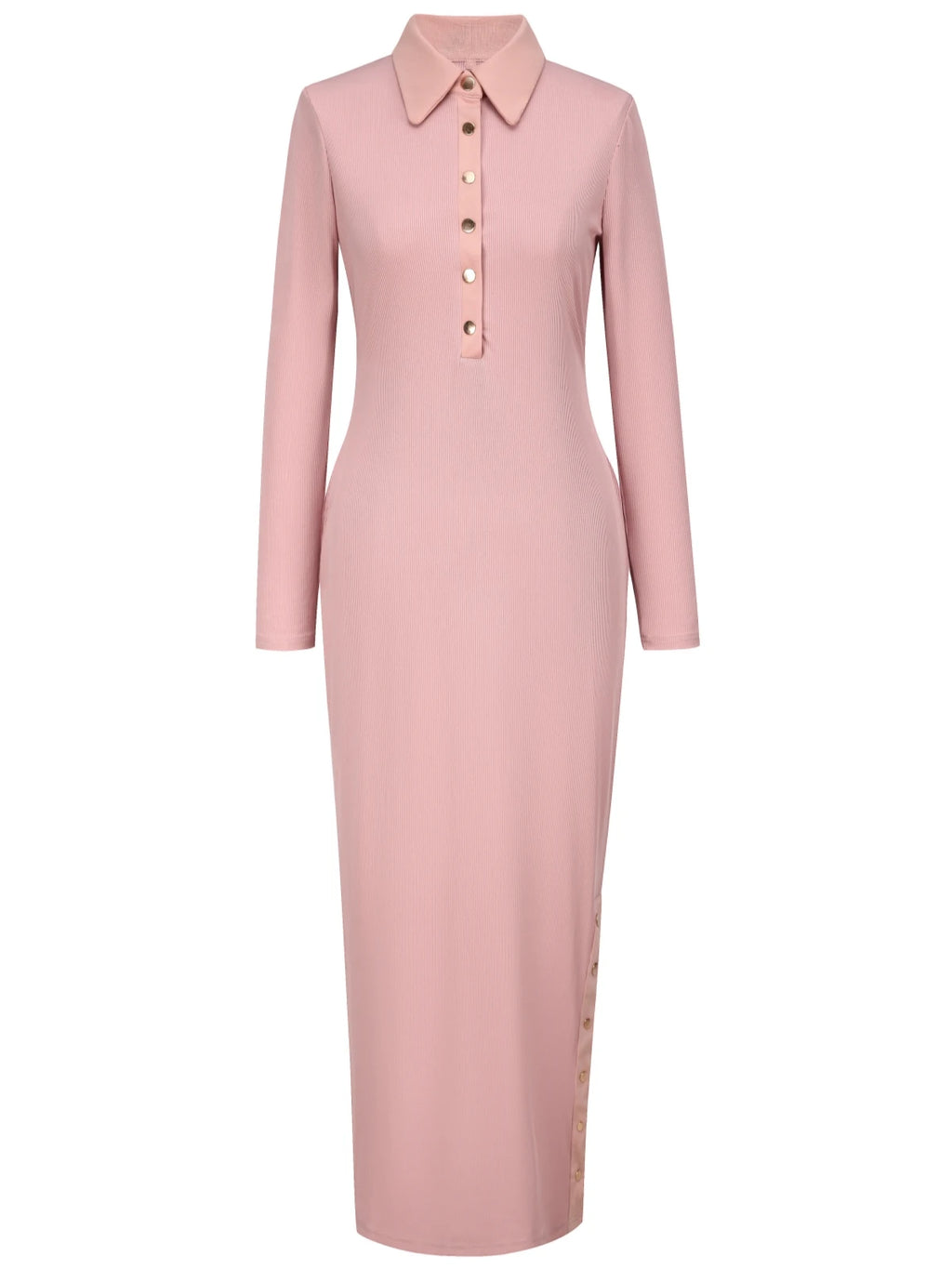 Polo Neck Dress  Slim-Fit Long Skirt Side Slit Button Long-Sleeved Hip Dress