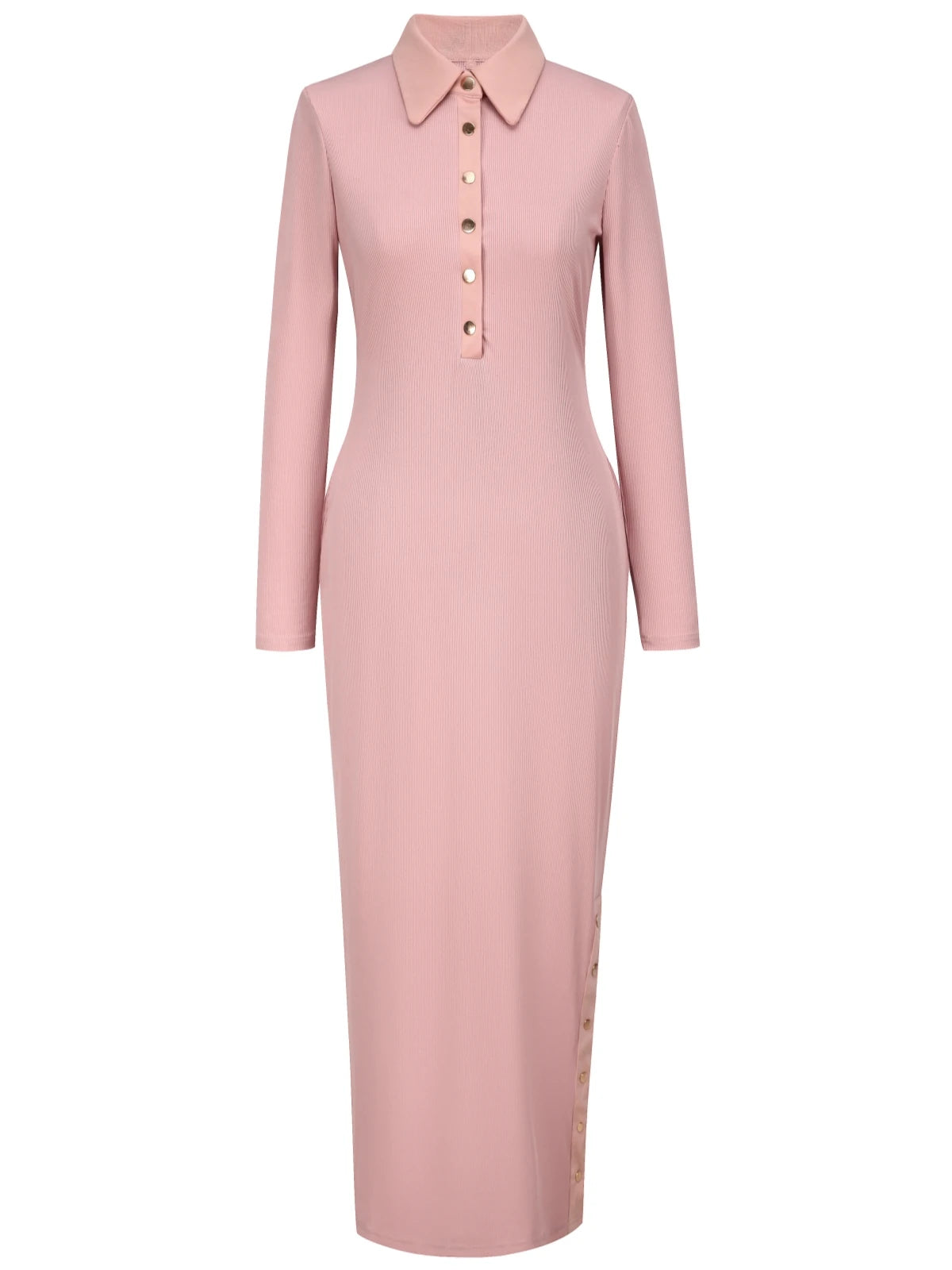 Polo Neck Dress  Slim-Fit Long Skirt Side Slit Button Long-Sleeved Hip Dress
