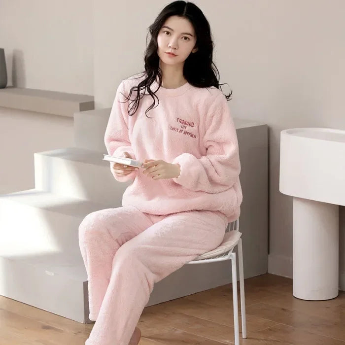Warm Sleepwear for Winter thickened  Long Sleeve Ladies Loungewear Set pajamas