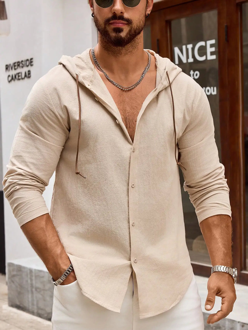 Men's Cotton Hooded Button-Up Shirt Long Sleeve Casual Lightweight Breathable Top