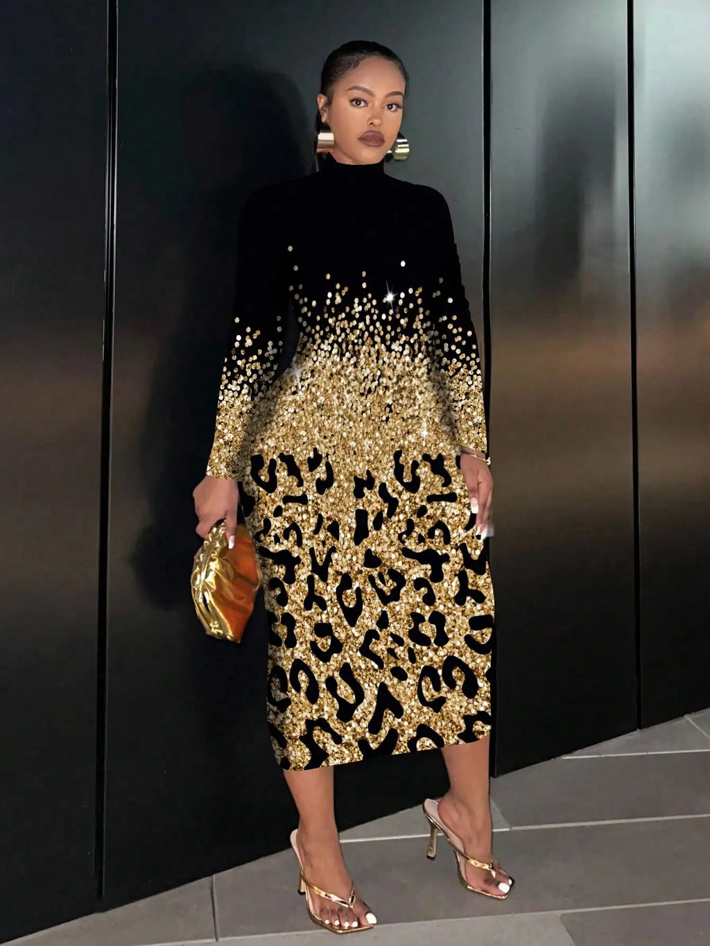Plus Size Gold Black Leopard Print Sequin Long Sleeve Bodycon Midi Dress for Parties