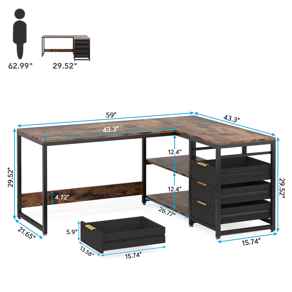 Computer Desk with Storage Drawers, 59 inch Corner Desk with Shelves, Reversible L-Shaped Office Desk Study