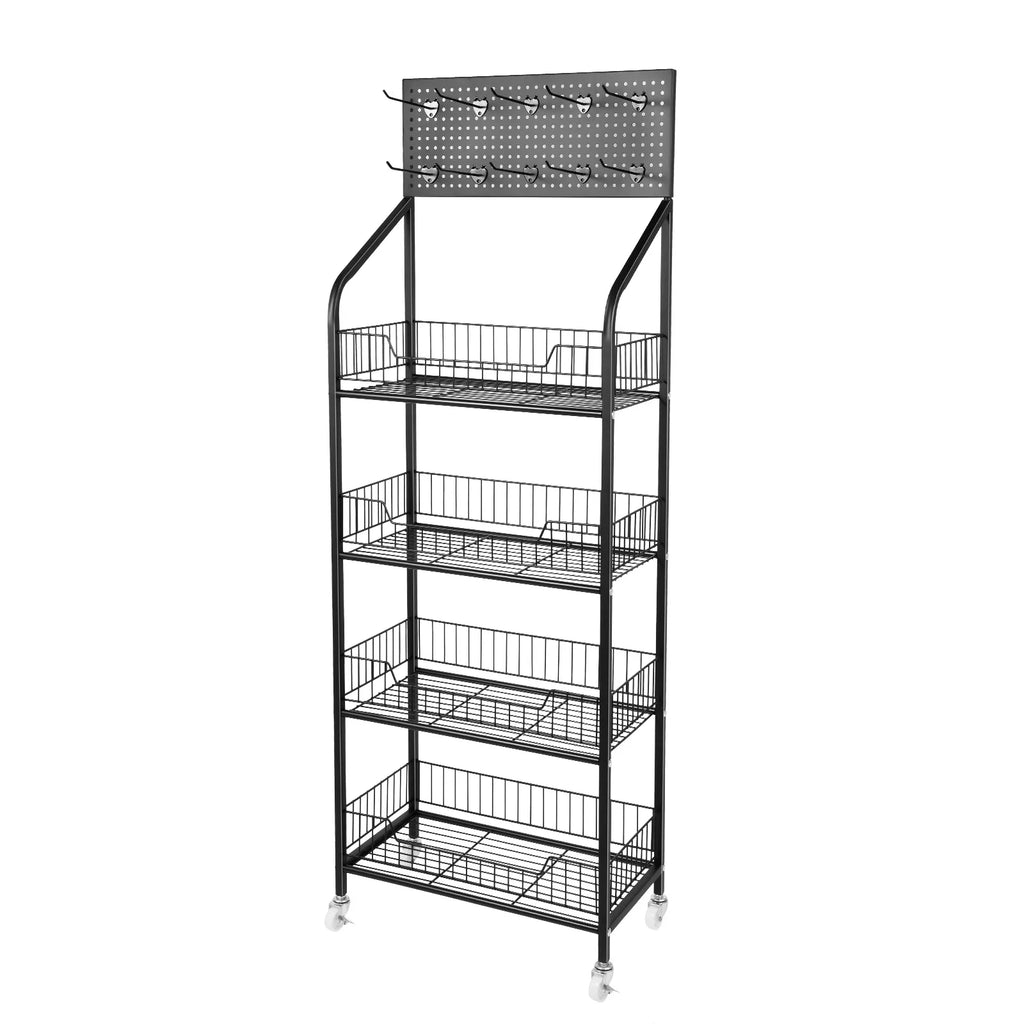4 Tier Retail  Rack with Wheel Display Basket Stand Cart Metal Basket Storage Shelf