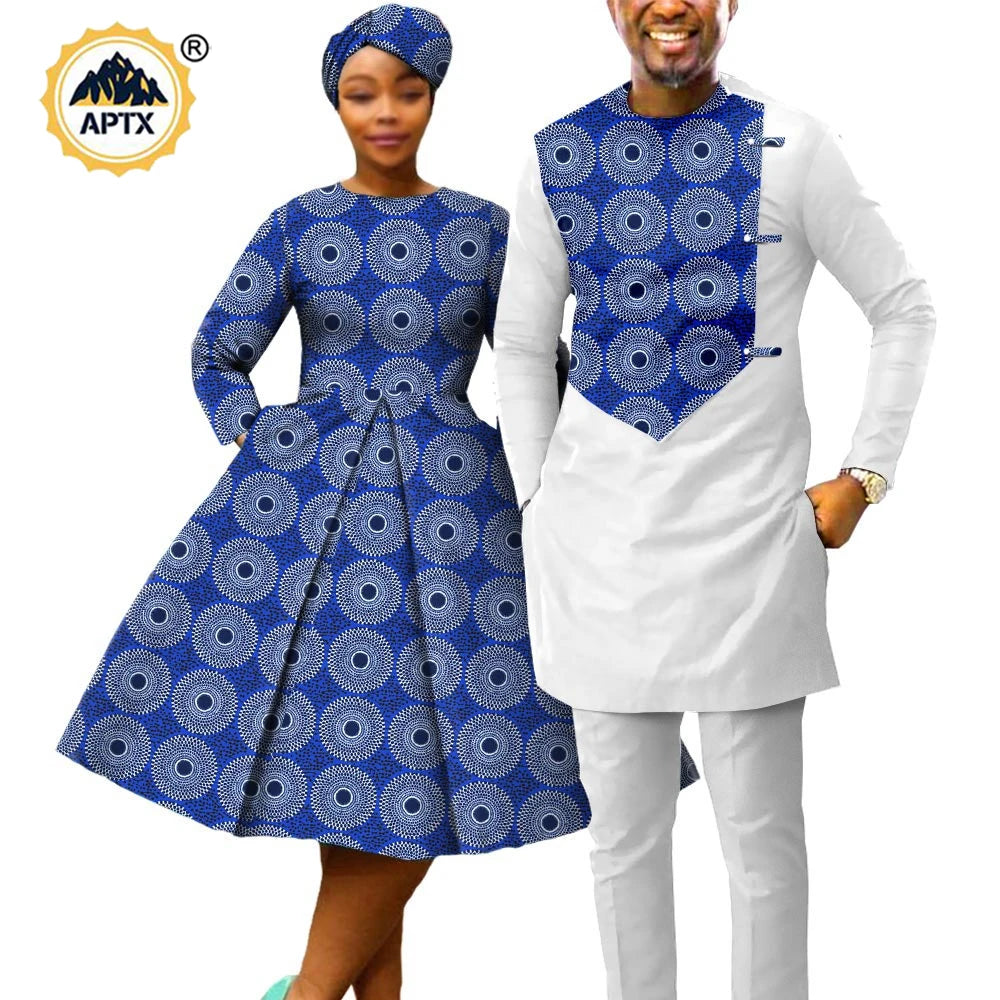 African Print Dresses for Women with Head wrap Matching Couple Outfits Men Patchwork Shirt and Pants Sets