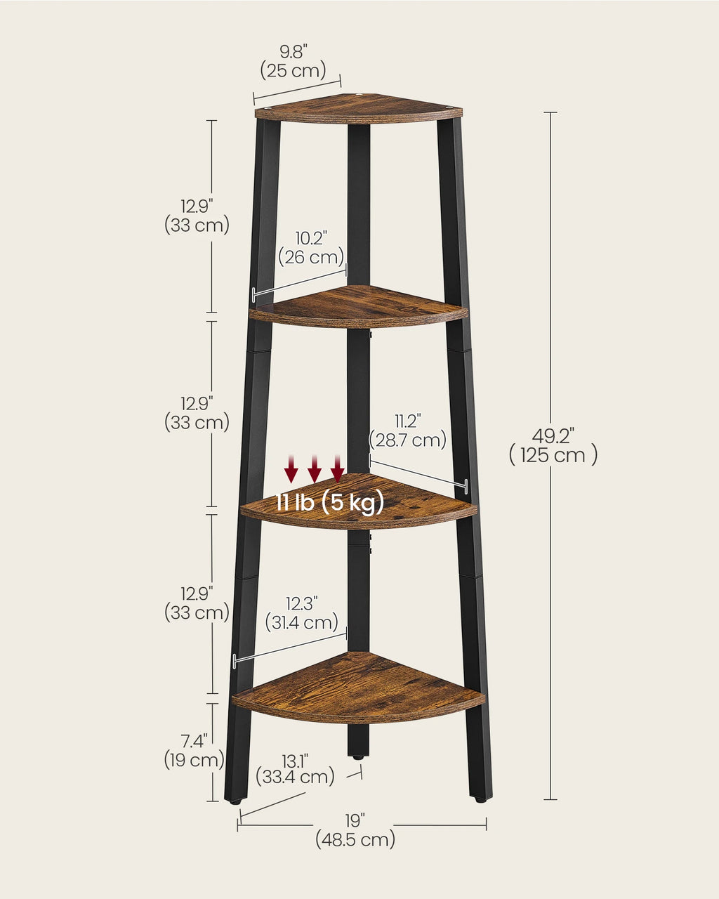 Corner Shelf Stand, 4-Tier Corner Bookshelf, Industrial Corner Ladder Shelf, Plant Stand Display