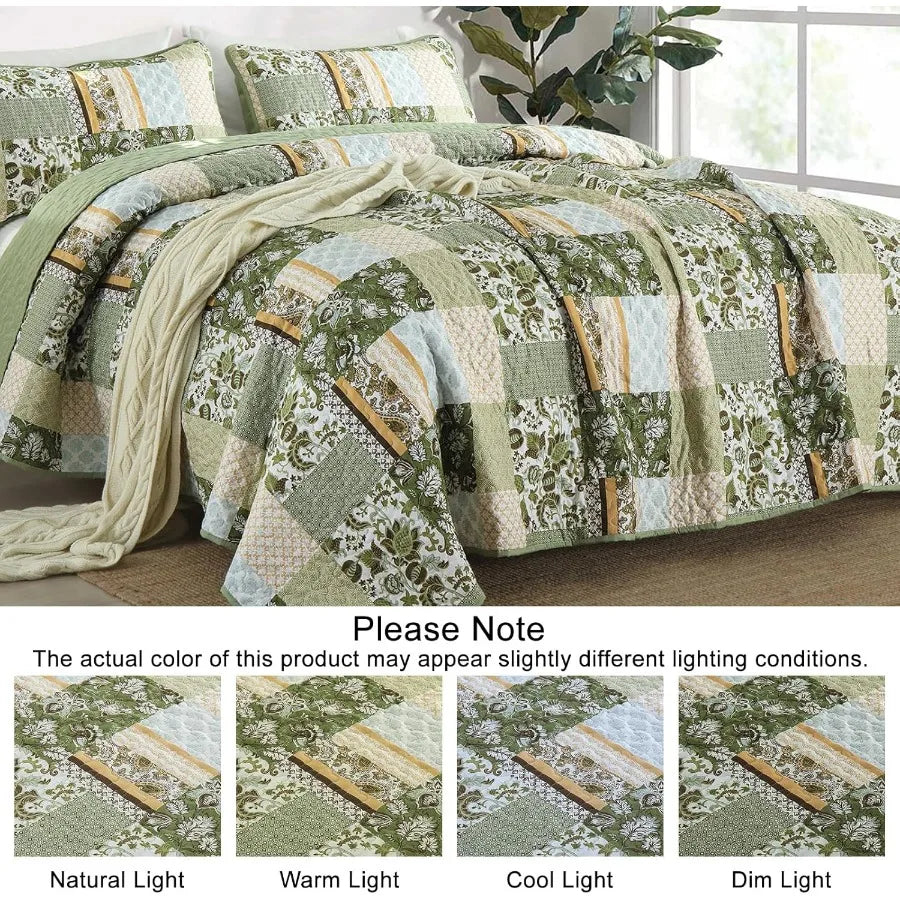 Quilt Set Queen Size Green 3 Pieces  Bedspread Coverlet  Floral Soft Microfiber Bedding Set for All Se