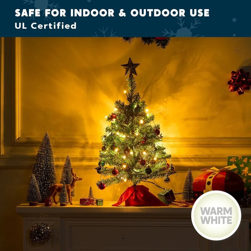 24''/2 FT Mini Christmas Tree Tabletop Set with Clear LED Lights Artificial Mini Christmas Tree with Star Treetop and Hanging Ornaments,  (Storage Bag Included)