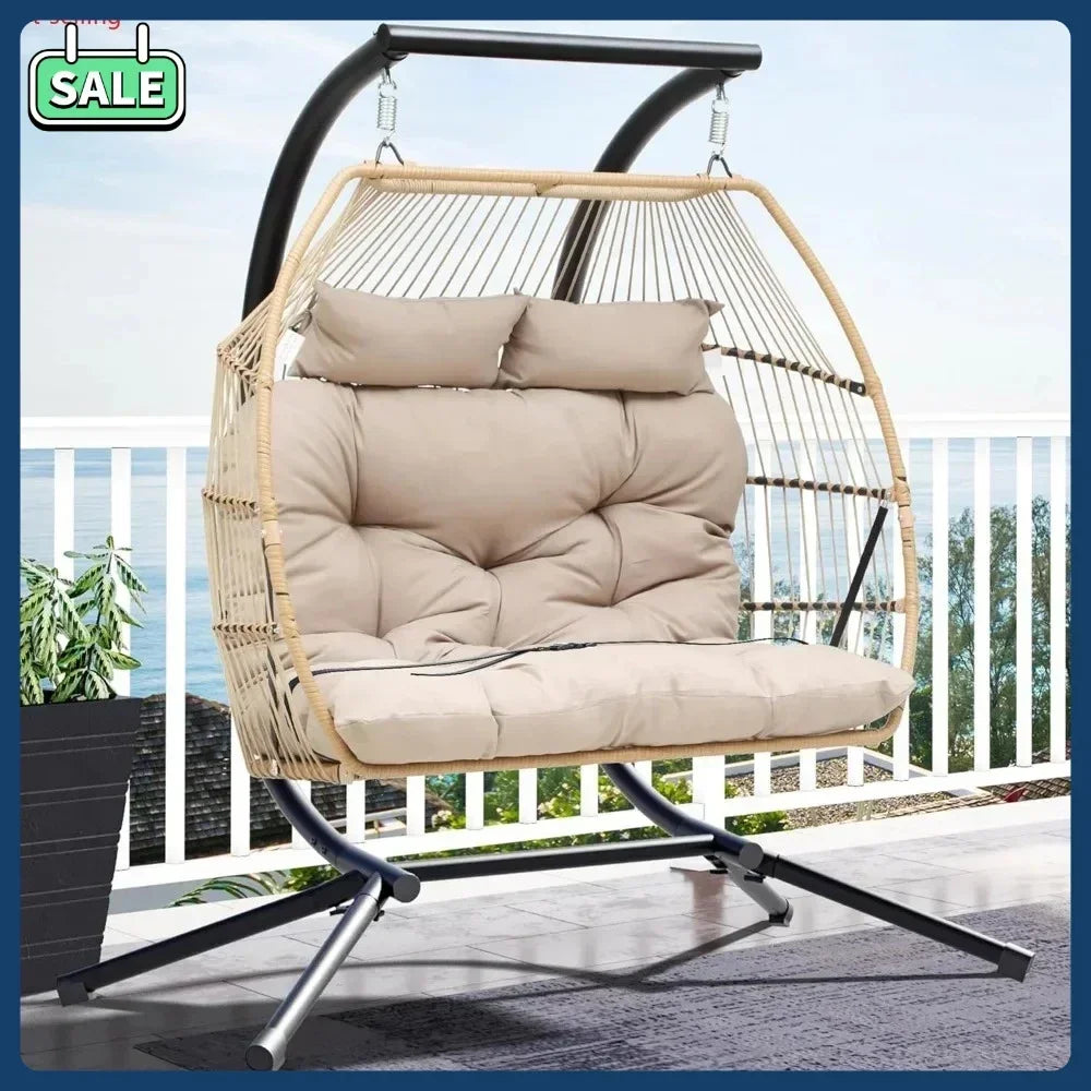 Bestseller2 Person Hanging Egg Swing Chair with Stand Egg Chair Wicker Indoor Outdoor Hammock with Cushions