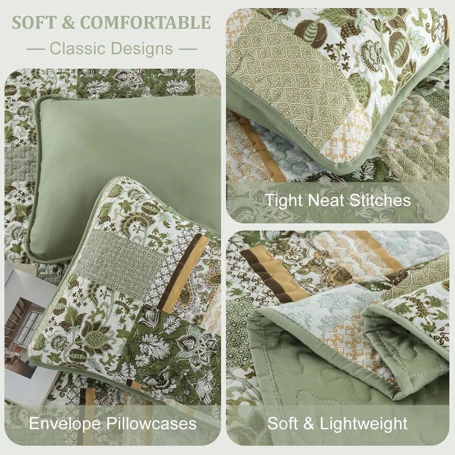 Quilt Set Queen Size Green 3 Pieces  Bedspread Coverlet  Floral Soft Microfiber Bedding Set for All Se