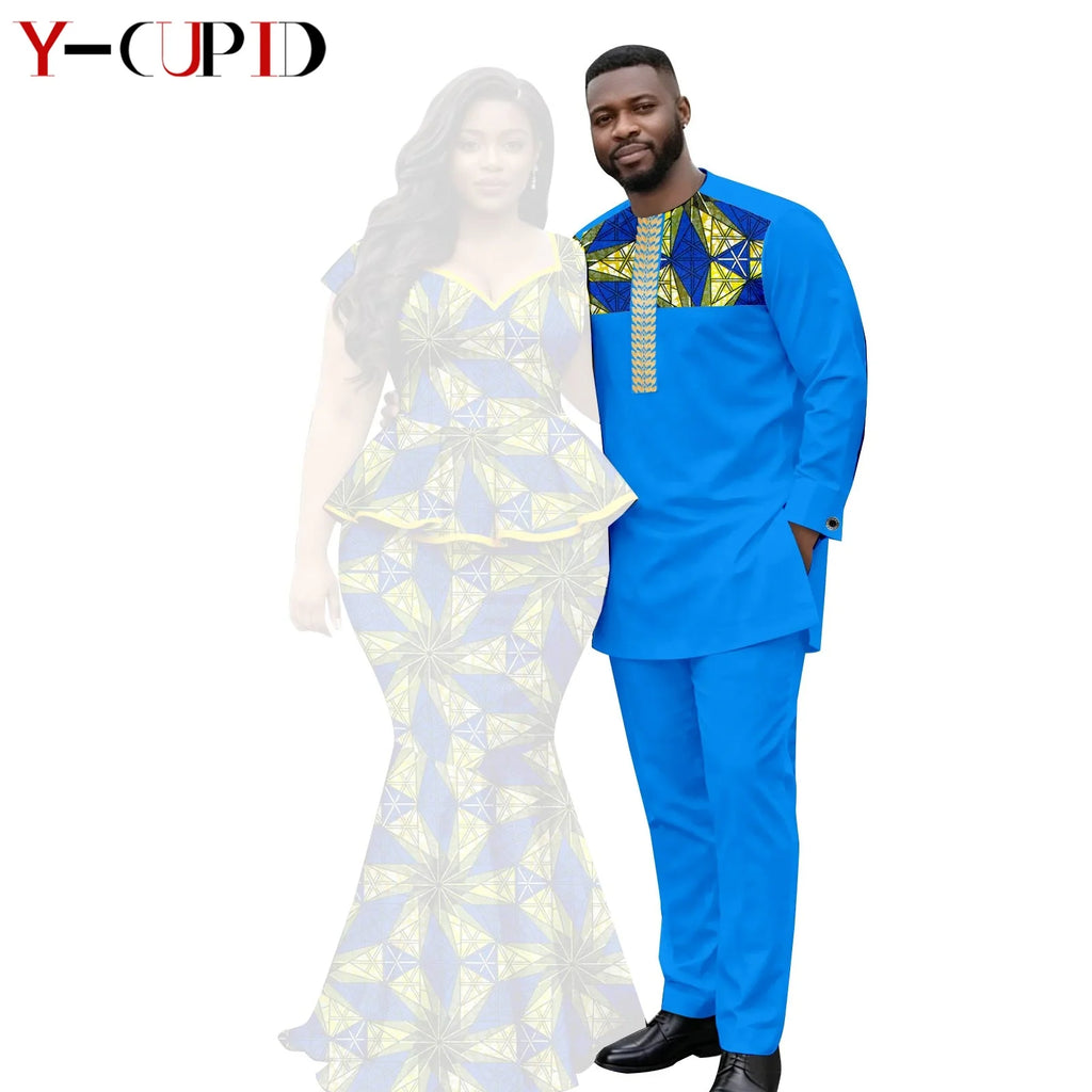 African  Women Print Top and Mermaid Skirts Sets Matching Men Outfits Top Shirt and Pant Sets