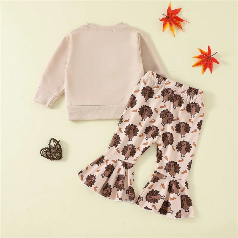 Toddler Girl Thanksgiving Outfits Letter Long Sleeve Sweatshirts Turkey Print Flare Pants 2Pcs Clothes Set