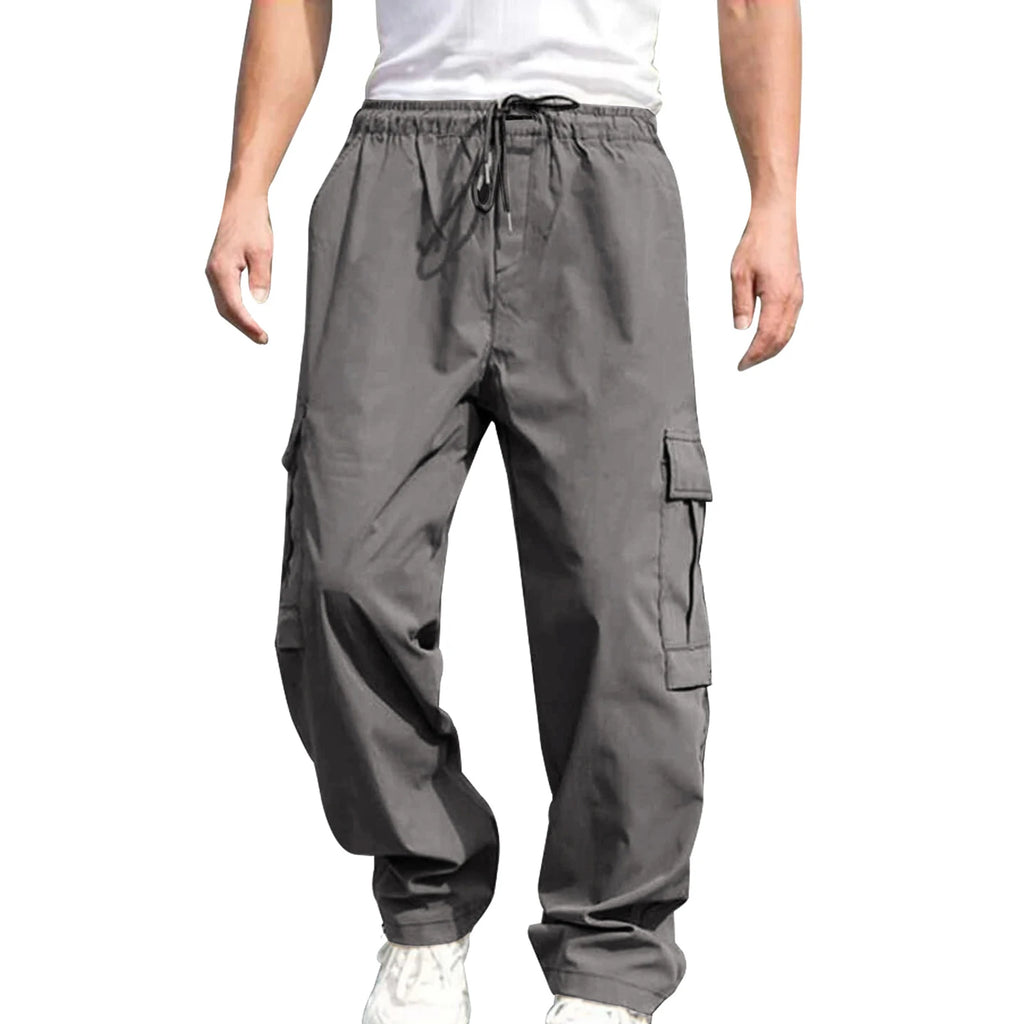 Men s Loose Cargo Long Pants Drawstring Waist Straight Leg Trousers  with Pockets