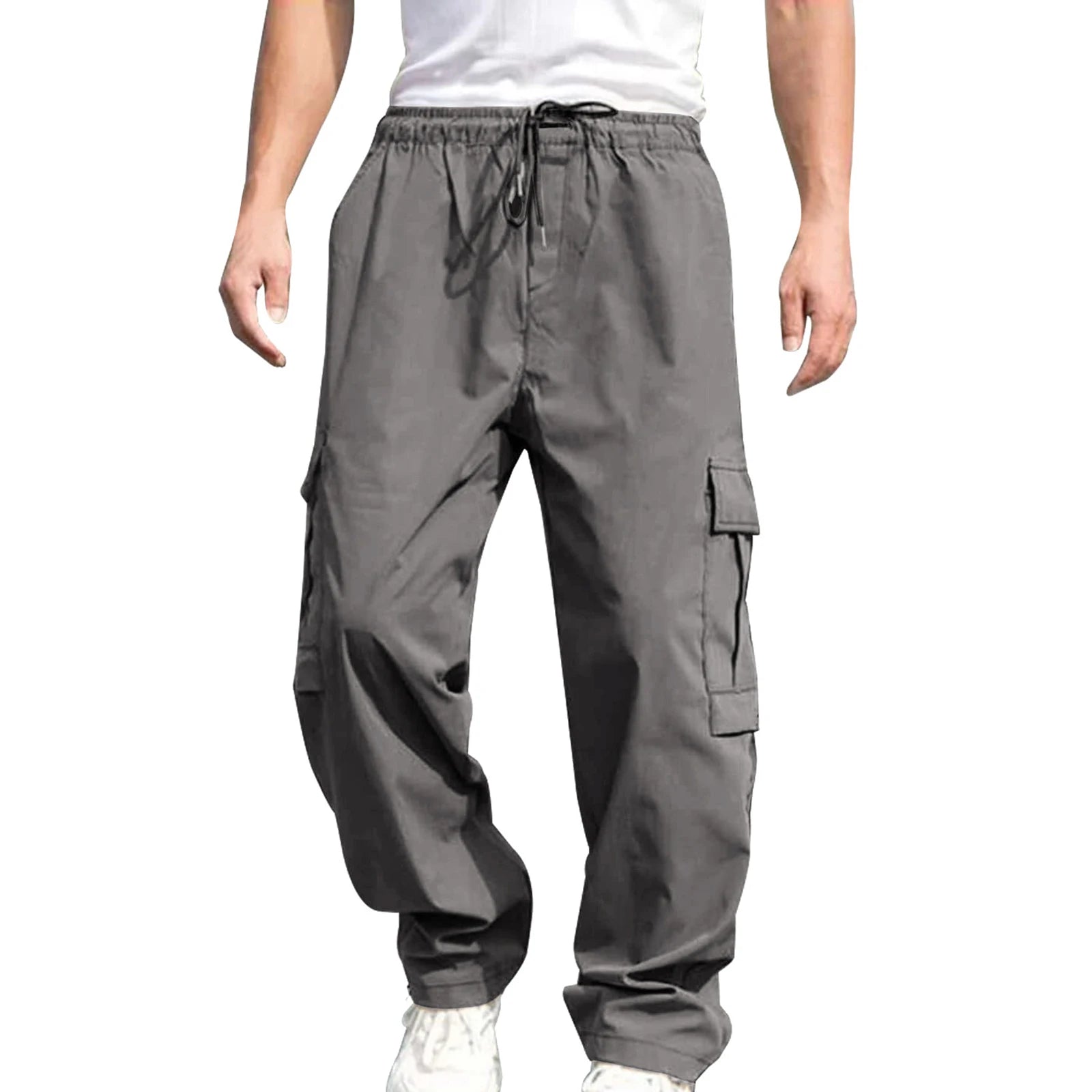 Men s Loose Cargo Long Pants Drawstring Waist Straight Leg Trousers  with Pockets