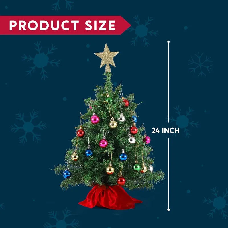 24''/2 FT Mini Christmas Tree Tabletop Set with Clear LED Lights Artificial Mini Christmas Tree with Star Treetop and Hanging Ornaments,  (Storage Bag Included)